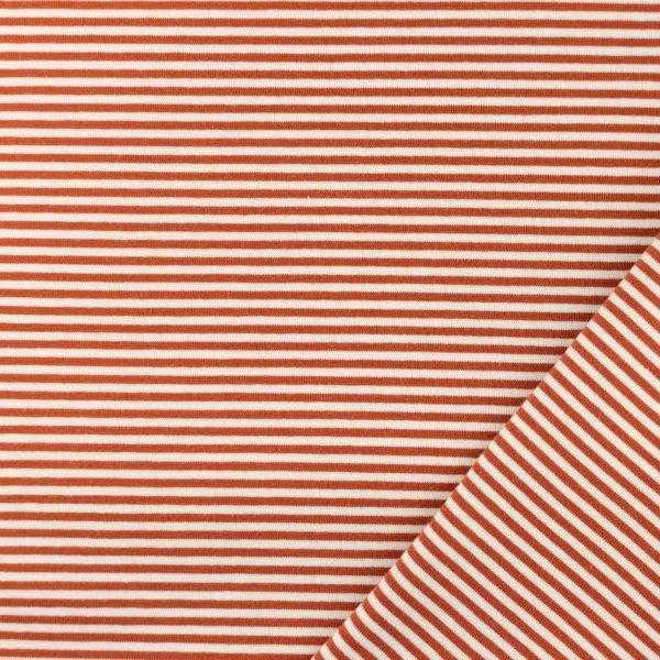 Baumwolljersey kleine Streifen ziegelrot/cremweiss